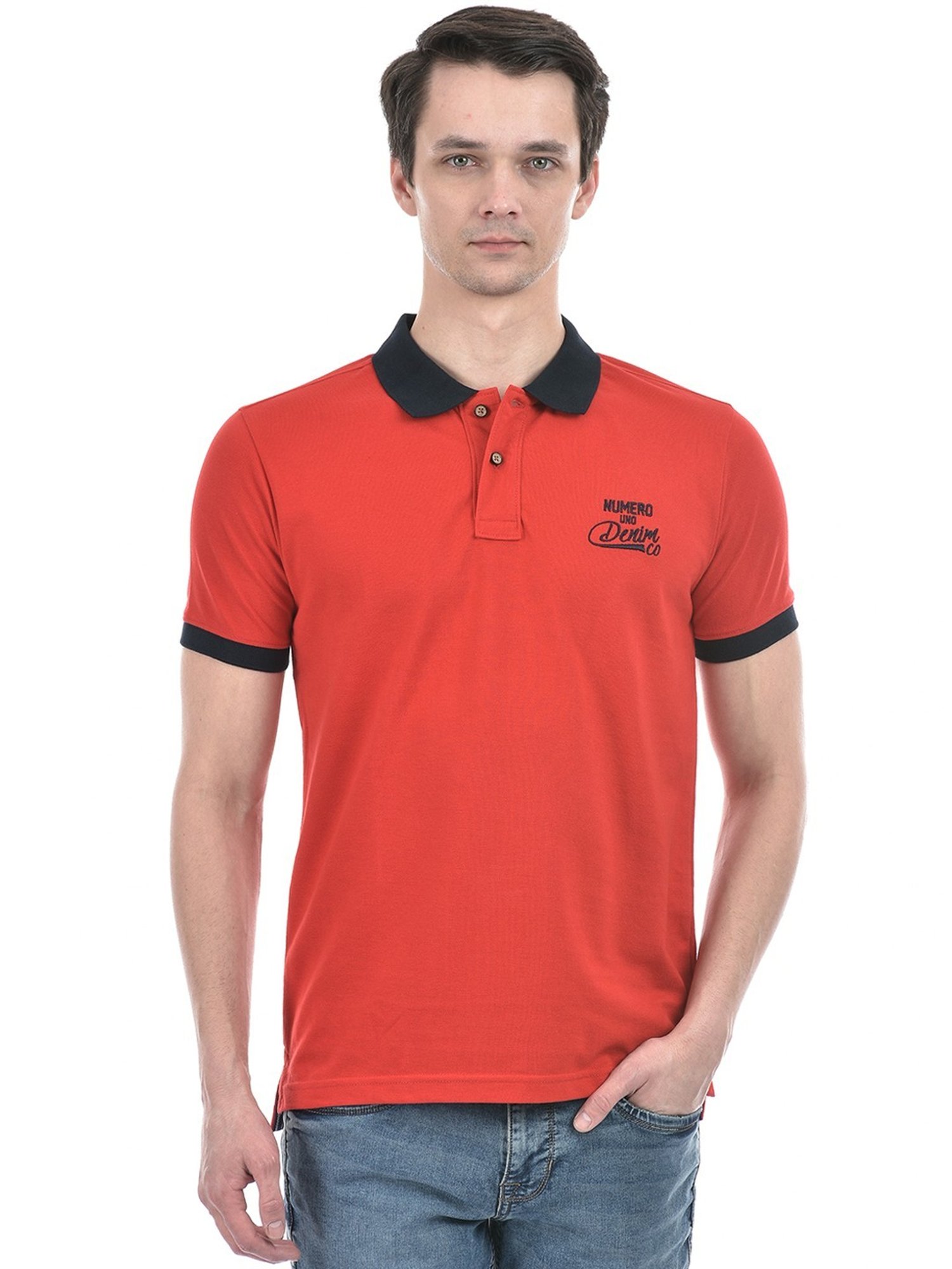 Numero Uno Red Cotton Slim Fit Polo T-Shirt