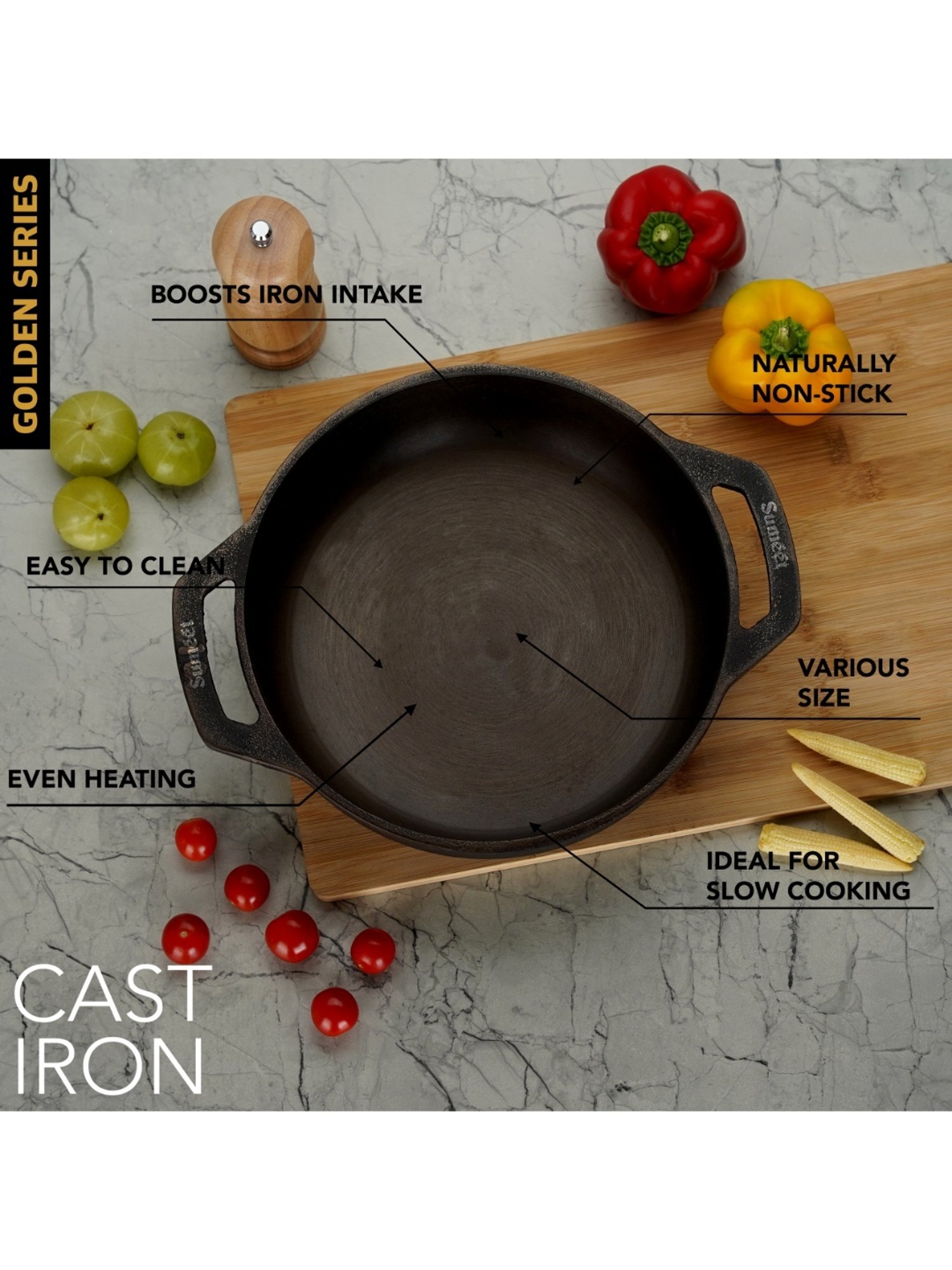 Sumeet Gold Pre Seasoned Cast Iron Kadai for Deep Fry 2.7 Ltr, 25cm-2.670kg,Gas & Induction-Friendly