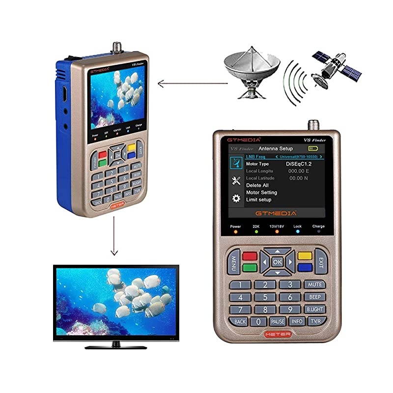V8 Satellite Finder Meter TV DVB-S/S2/S2X Signal Receiver H.264 Sat Detector, HD 1080P FTA 3.5" LCD Built-in 3000mAh Battery for Adjusting Sat Dish