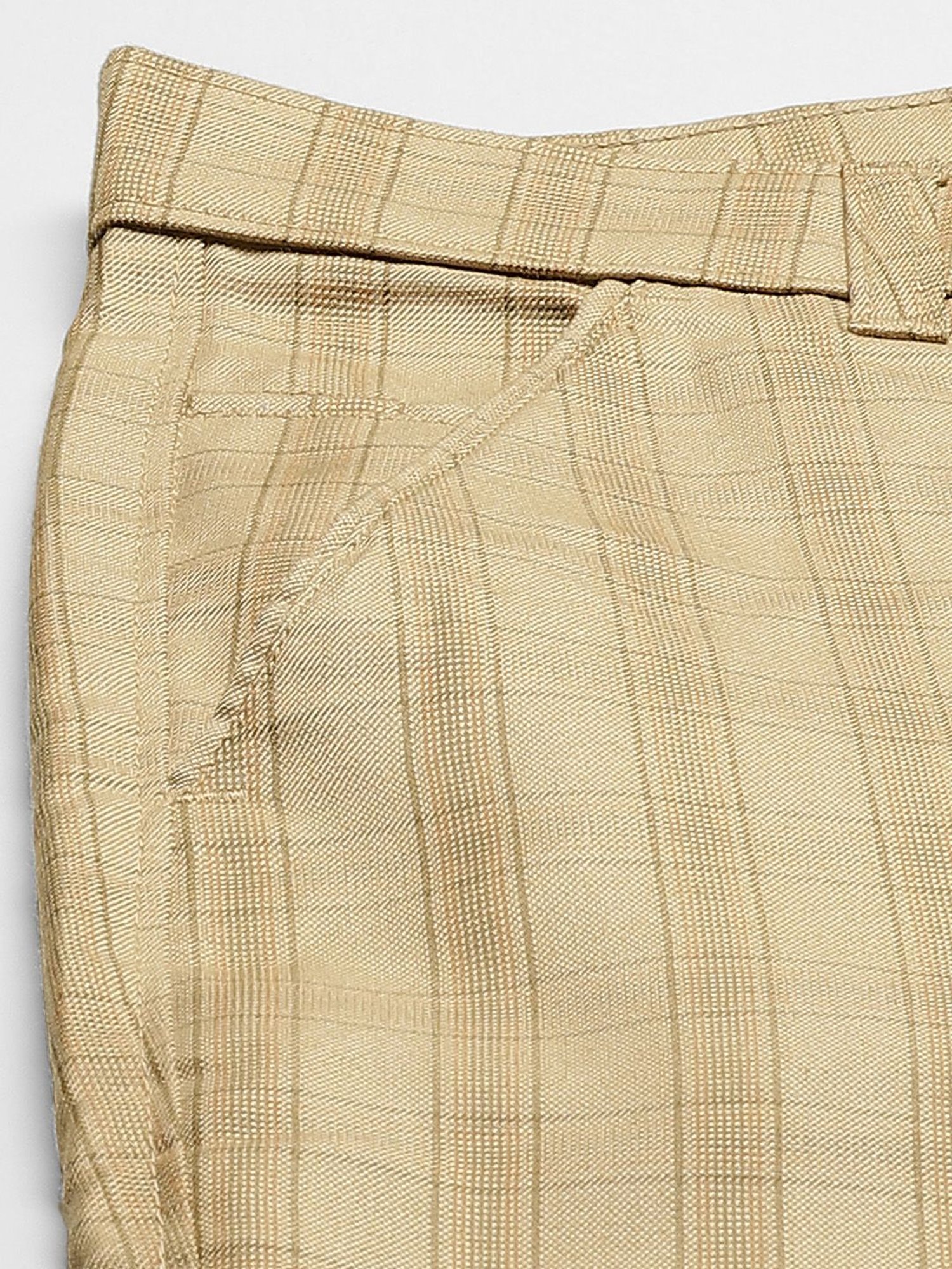 Sojanya Beige Cotton Regular Slim Fit Checks Flat Front Trousers