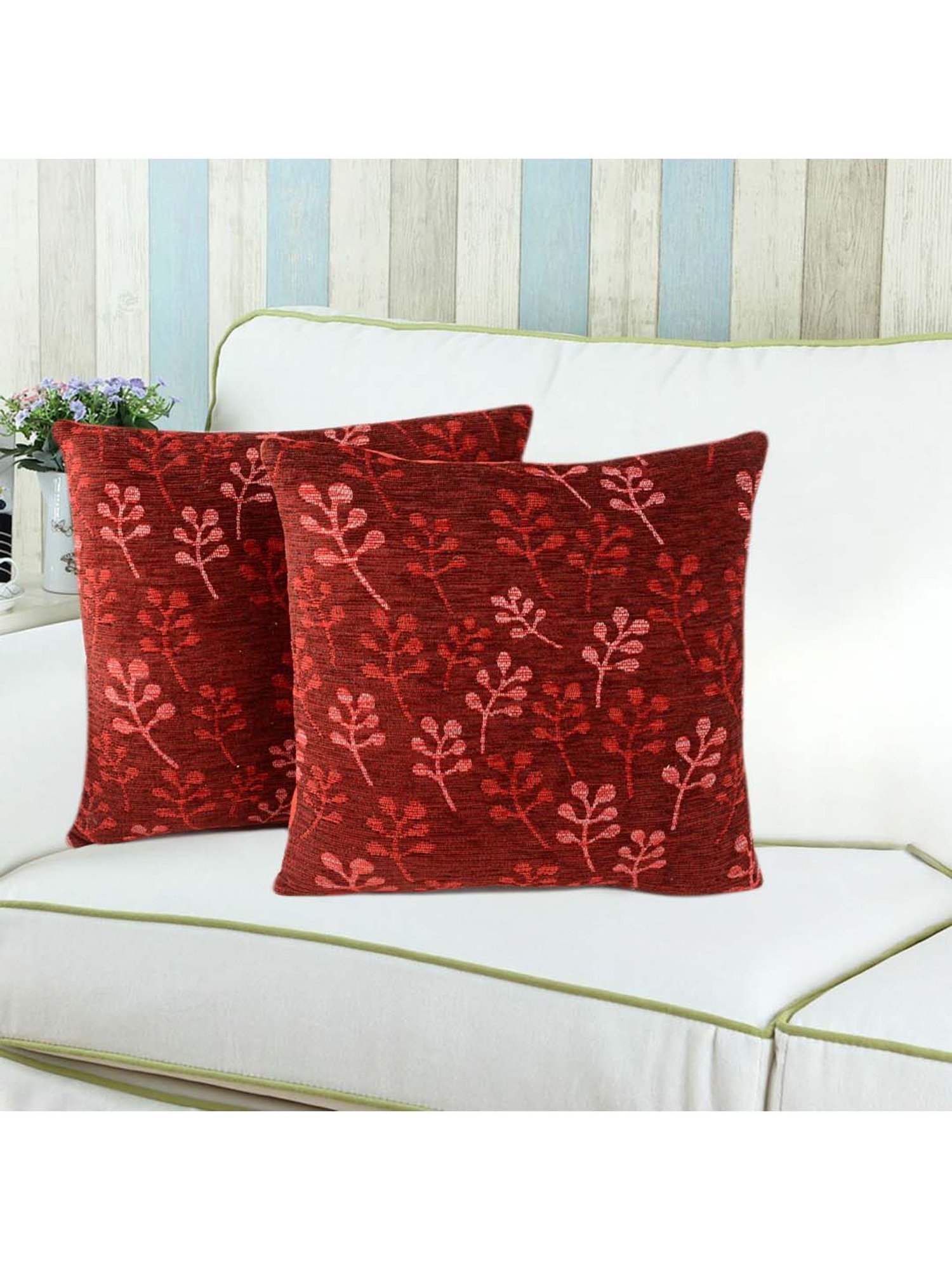 Saral Home Maroon Chenille Cushion Covers - Set of 2