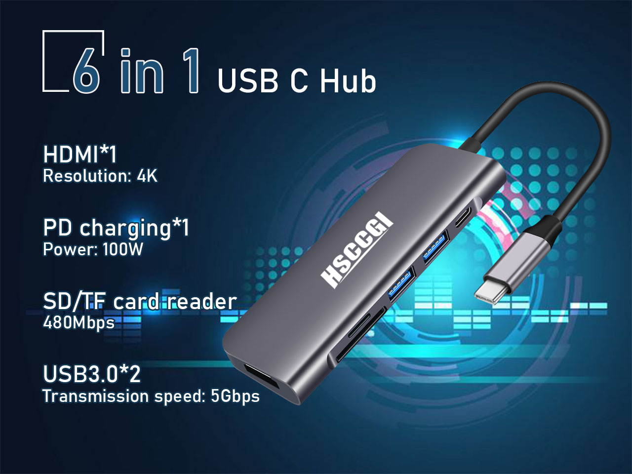 6 in 1 USB Type C HUB with to 4K@30Hz HDMI, USB 3.0 Ports, SD/TF Card Reader, Multiport Adapter Dongle for IPad MacBook Air Pro and Other Type C Laptops (Gray)