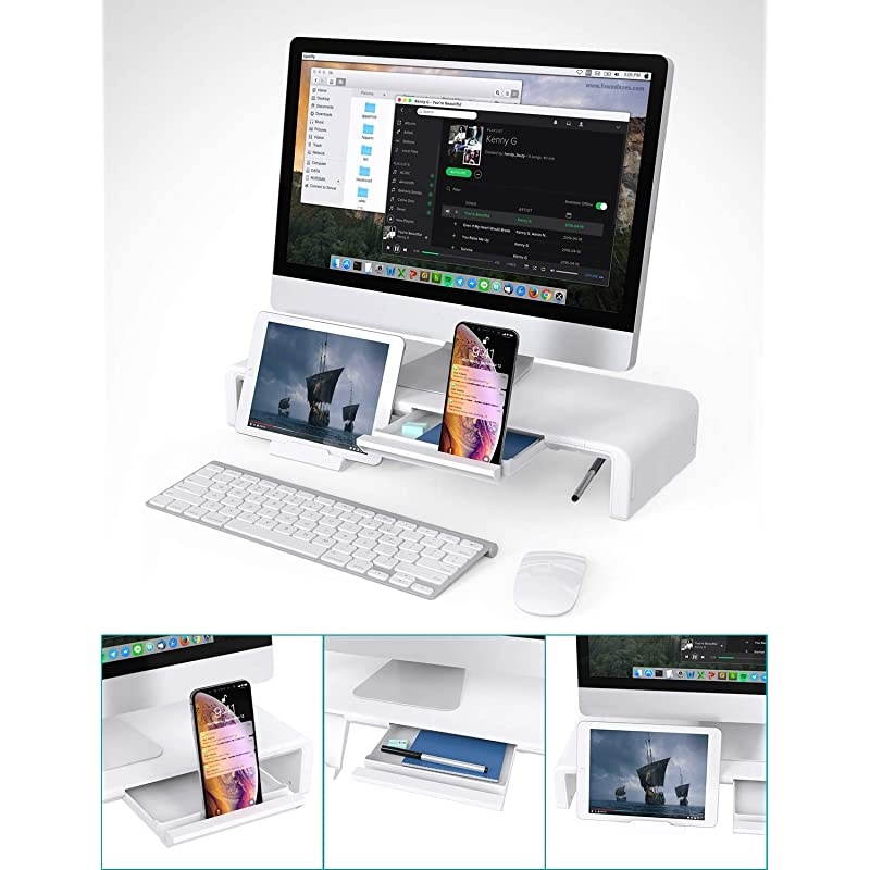 Monitor Stand Riser, Foldable Computer Monitor Stand, Adjustable Computer Stand Desk Organizer with Storage Drawer, Tablet Phone Stand for Laptop PC Printer (White)