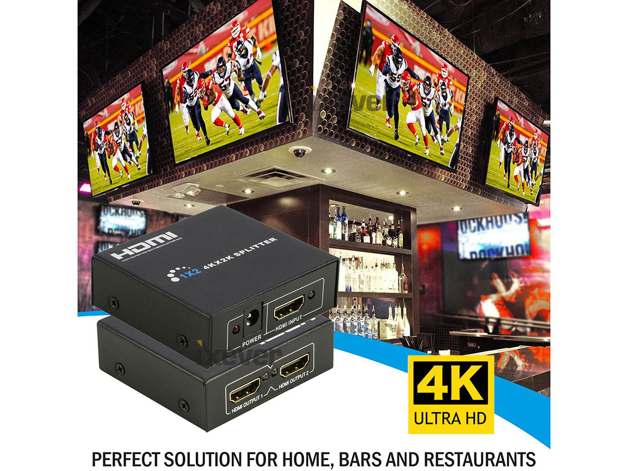 HDMI Splitter 1 in 4 Out V1.4b, iXever Powered HDMI Video Splitter with AC Adapter Duplicate/Mirror Screen Monitor Supports Ultra HD 4Kx2K@30Hz 1080P and 3D Resolutions (1 Input to 4 Outputs)