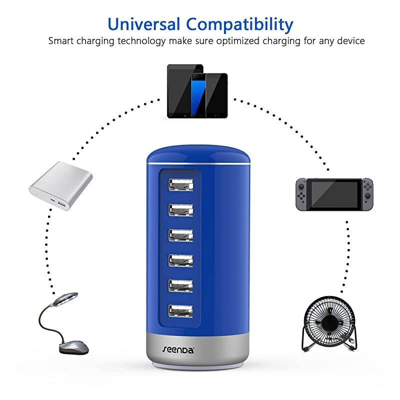 6 Port USB Charging Station  USB Desktop Charger with Smart Identification Blue