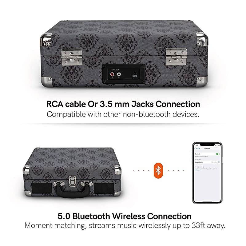 Vinyl Records Bluetooth 50 Turntables Record Player Vintage Lightweight Suitcase Speaker Autostop Stable Connection Compatible HiFidelity Phonograph Dust Cover AntiResonance Dark Gray