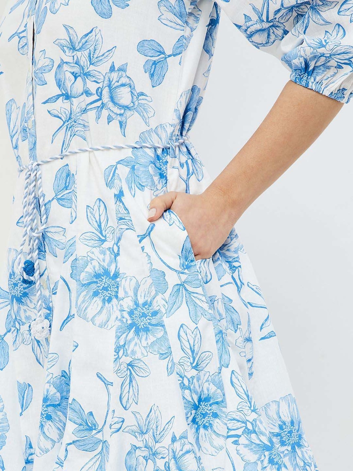 Colour Me by Melange Blue Cotton Printed A-Line Dress With Belt