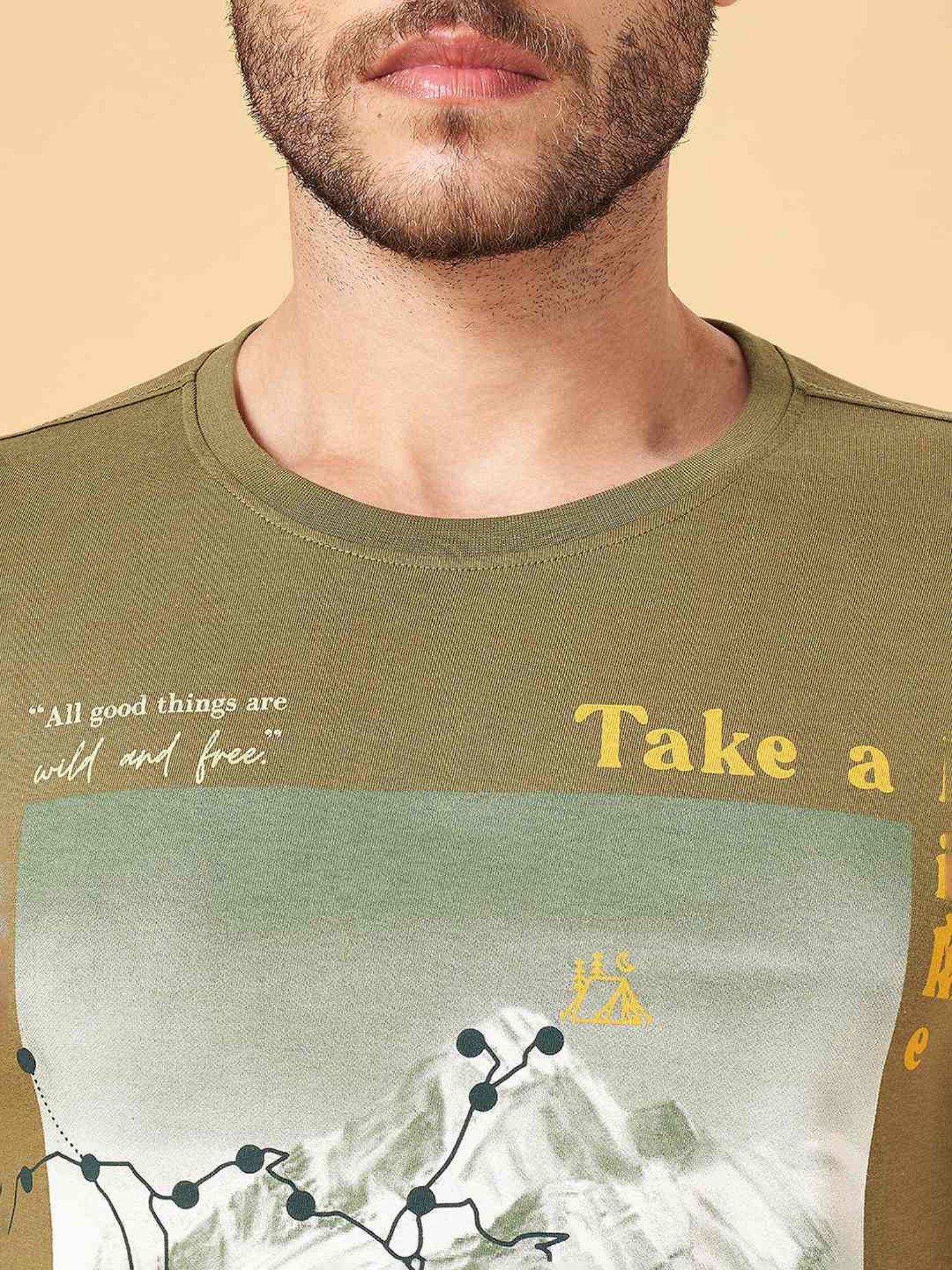 Urban Ranger by Pantaloons Light Olive Cotton Slim Fit Printed T-Shirt