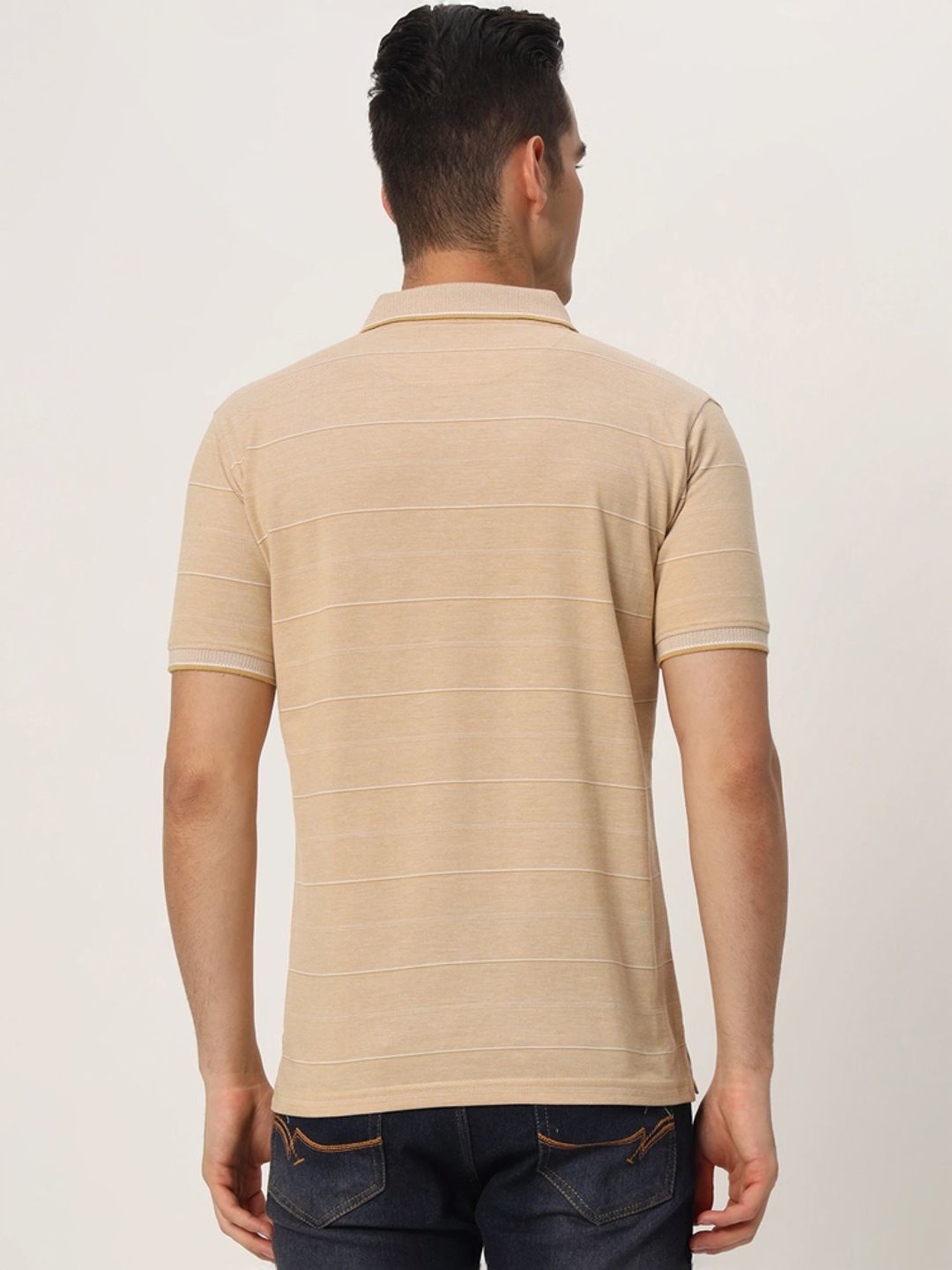 Tab91 Beige Regular Fit Striped Polo T-Shirts