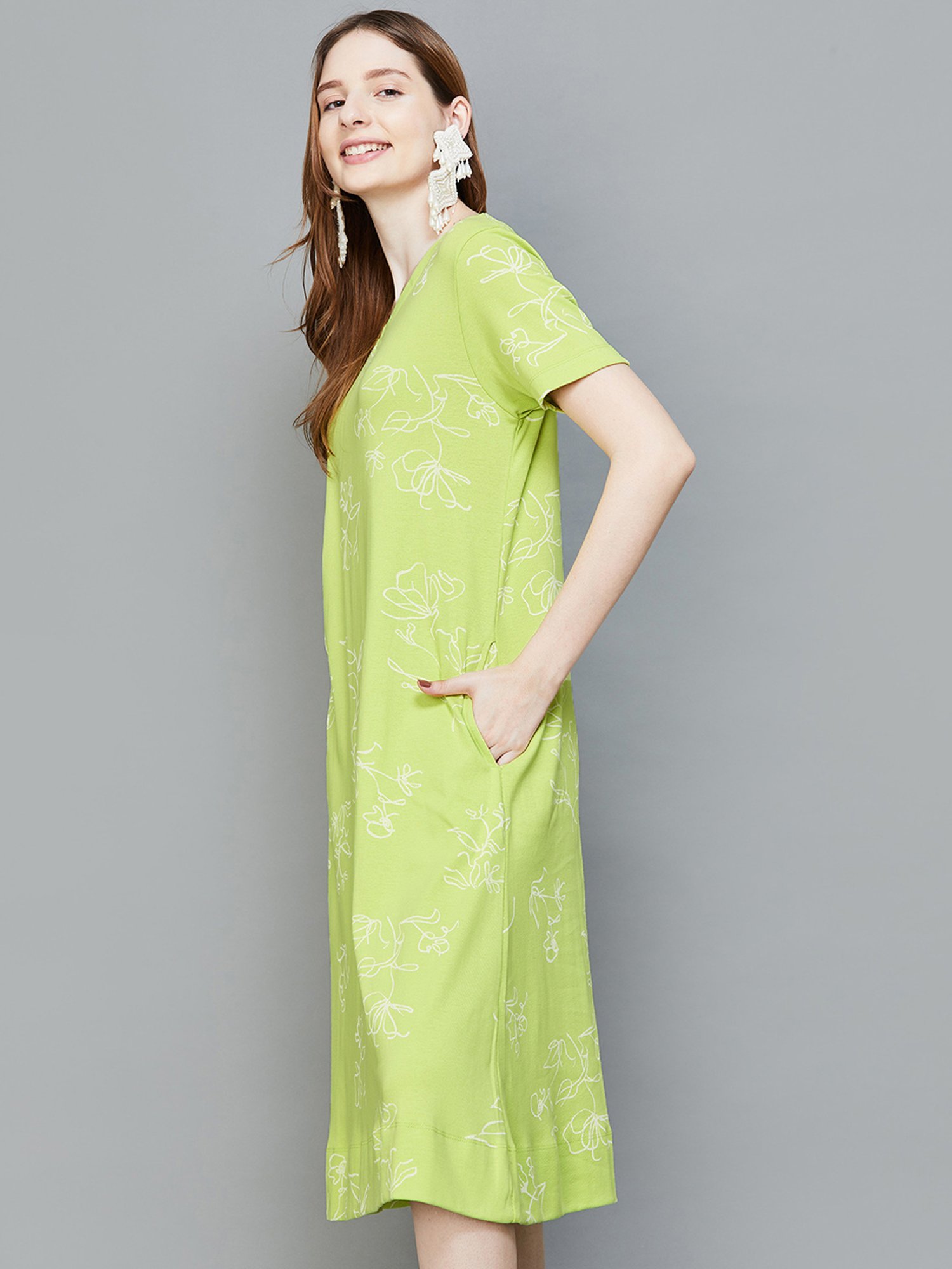 Colour Me by Melange Lime Green Cotton Printed Shift Dress