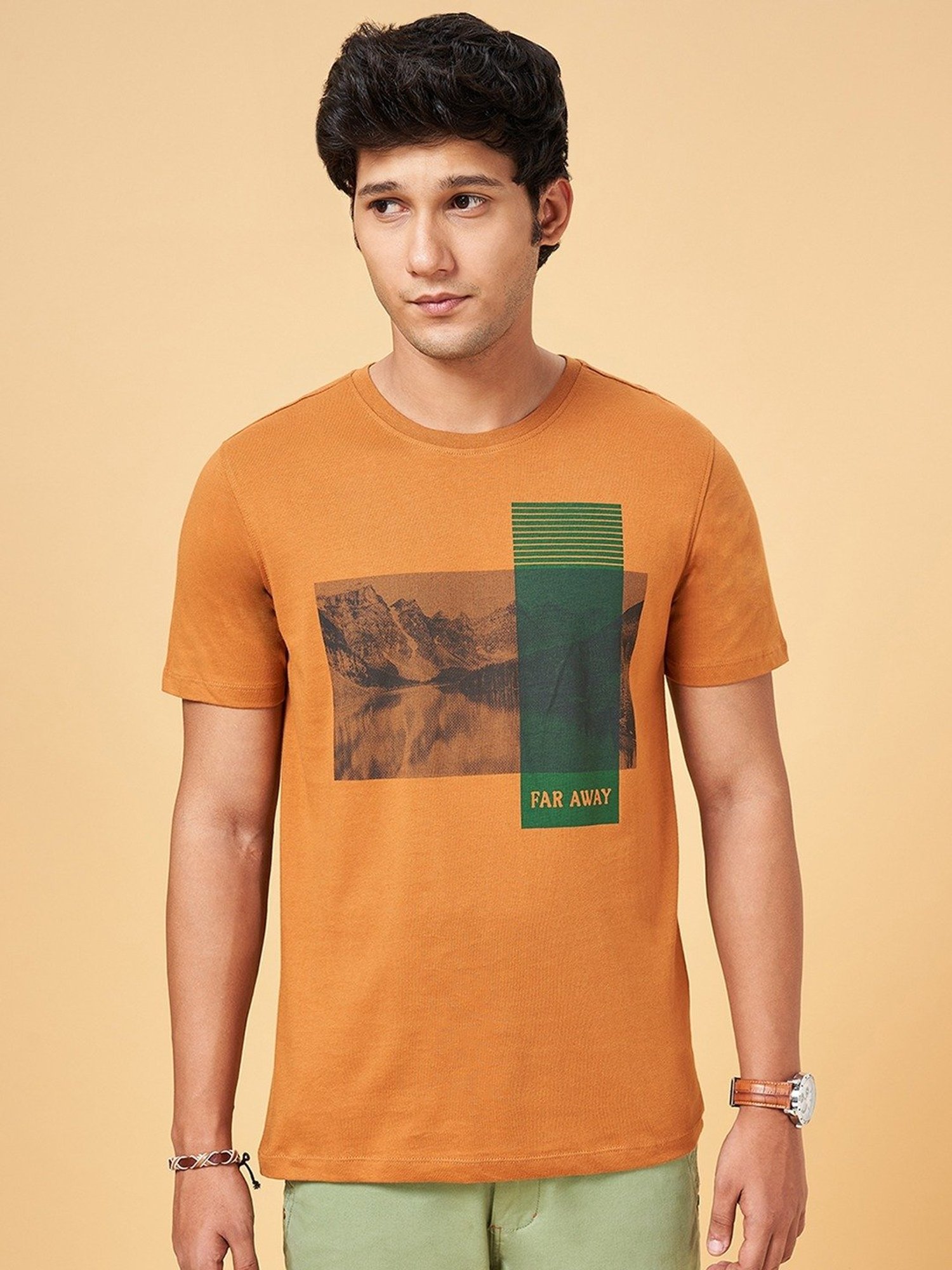 Urban Ranger by Pantaloons Tan Cotton Slim Fit Printed T-Shirt