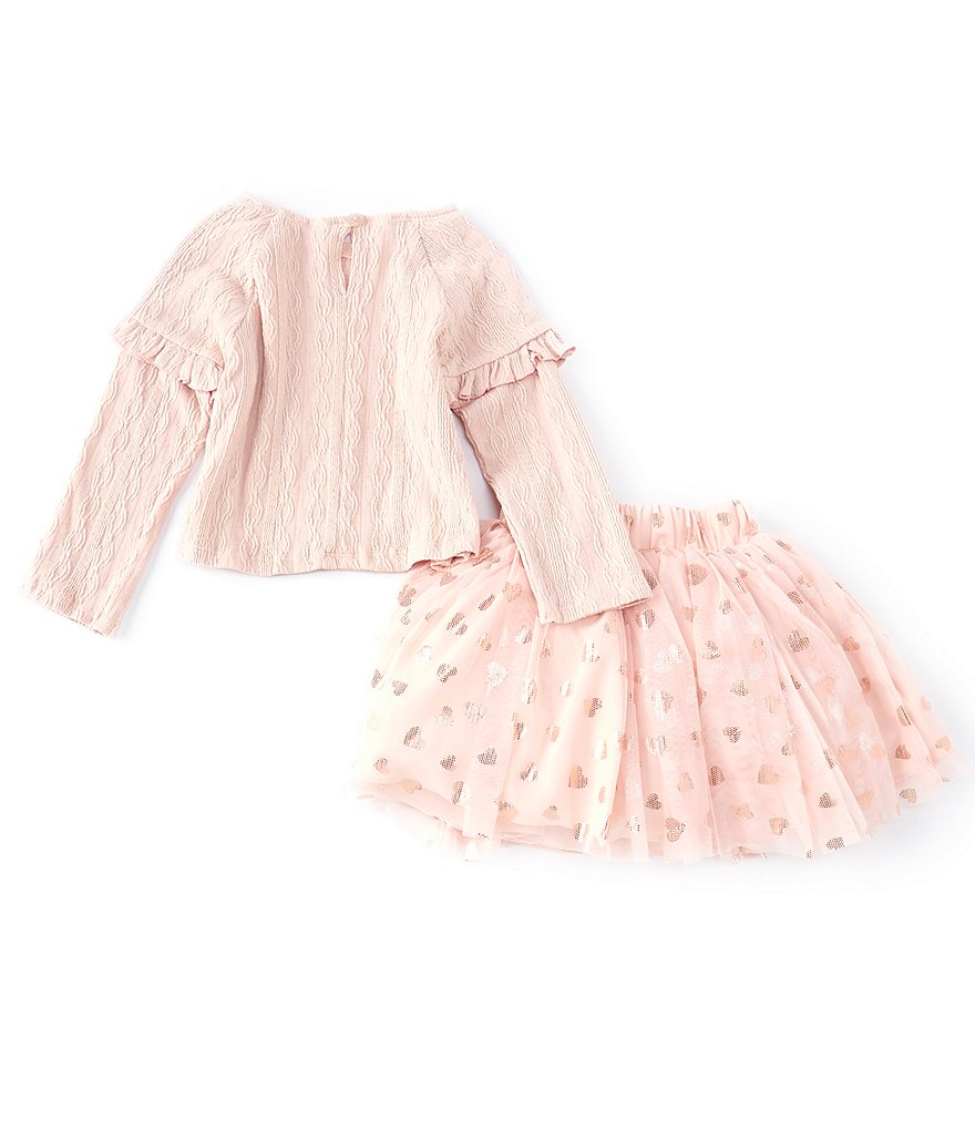 Pippa & Julie Little Girls 2T-6X Ruffle Long-Sleeve Cable Knit Embossed Top With Mesh Tutu Skirt Set