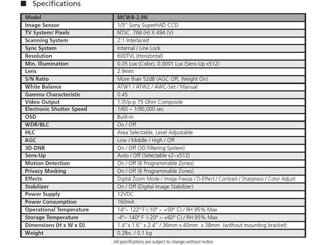 Computar Ganz High Quality CCTV Mini Camera MCWB-2.9N Compact Color ATM High Resolution Camera, Sony Super HAD 600TVL, 2.9mm Fixed Lens