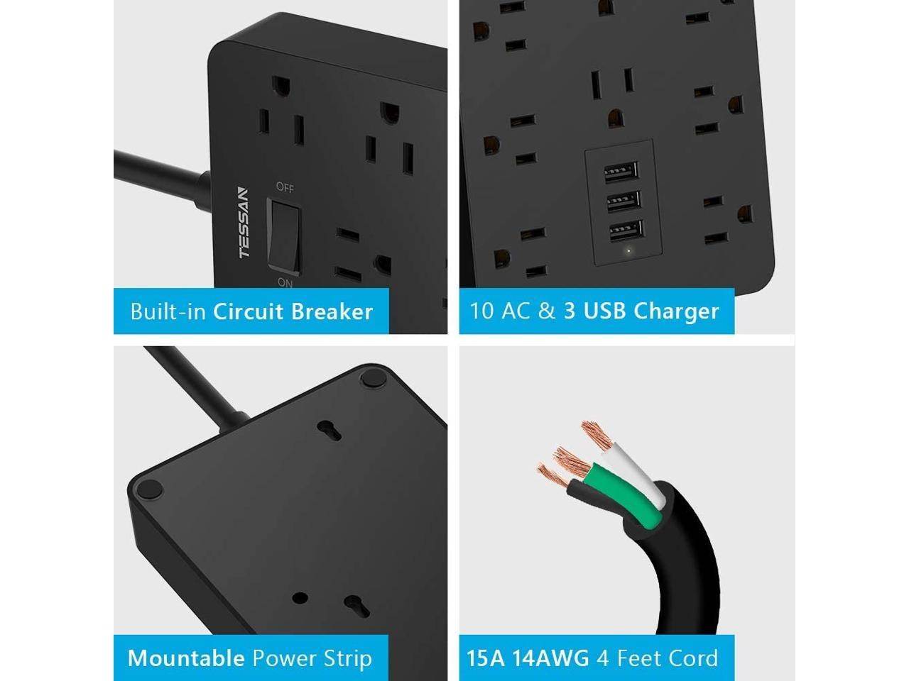 Power Strip, TESSAN Mountable Extension Cord with 3 USB Charger, 10 Widely Spaced AC Outlets, 1875W/15A 4FT Cord, Built-in Security Module Safeguard Home and Office Devices, Black