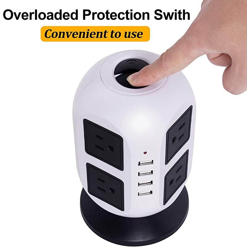 Power Strip Tower Surge Protector Electric Charging Station 2500W 10ASmart Extension Lead Socket 2M556ft Overload Protection 8 outlets and 4 USB Ports Universal SocketWhite