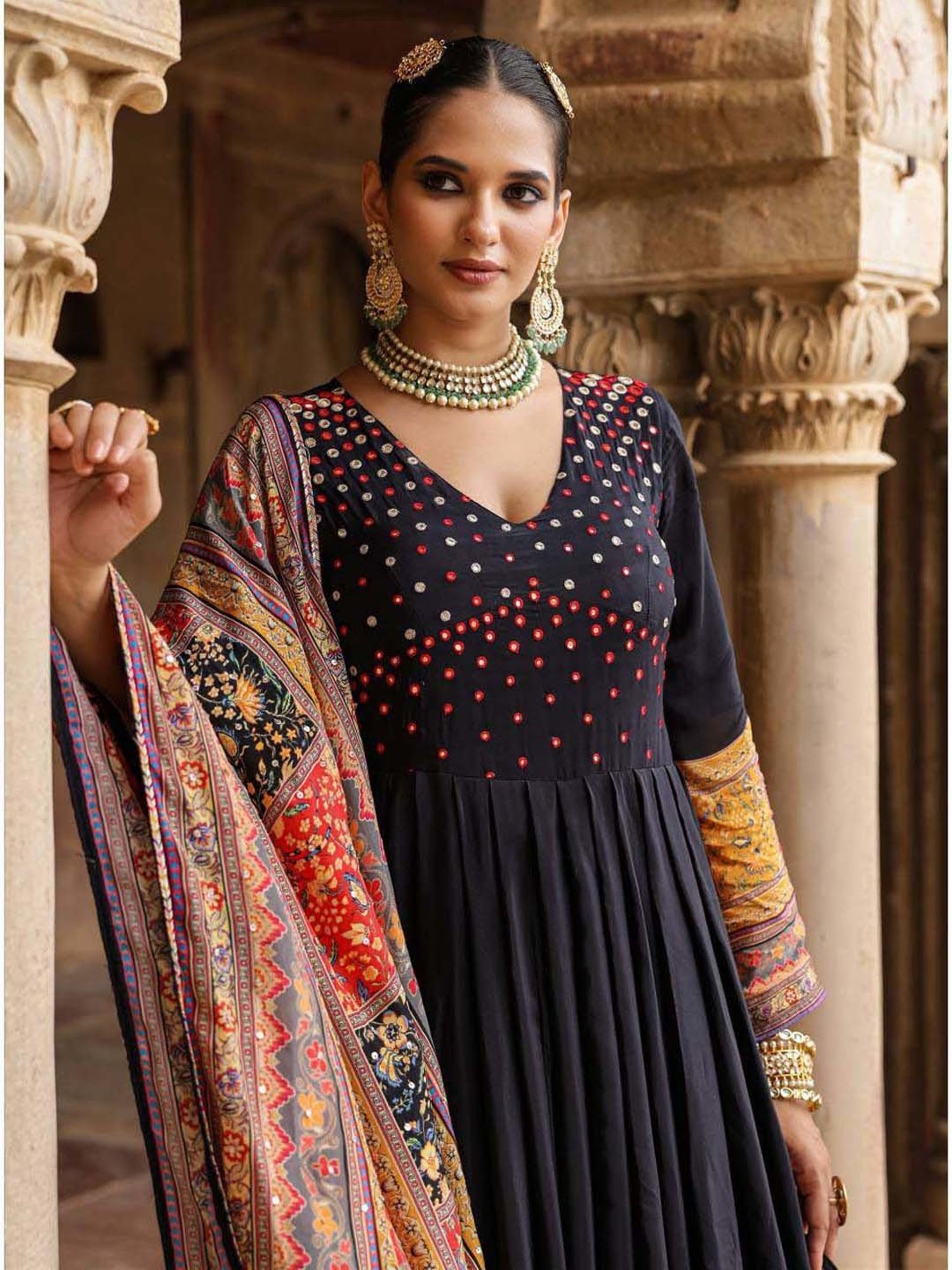 SCAKHI Black Embellished Maxi Dress With Dupatta