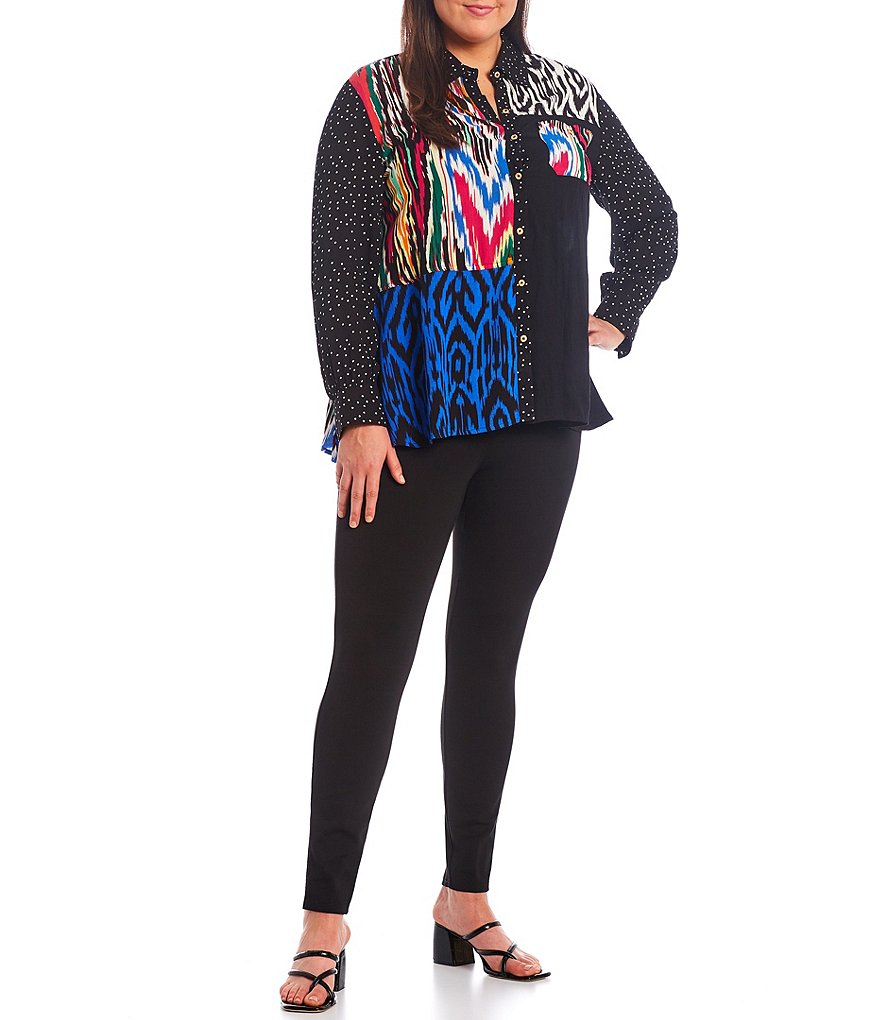 Calessa Plus Size Point Collar Neck Patchwork Mixed Print Roll Tab Long Sleeve Button Front Shirt