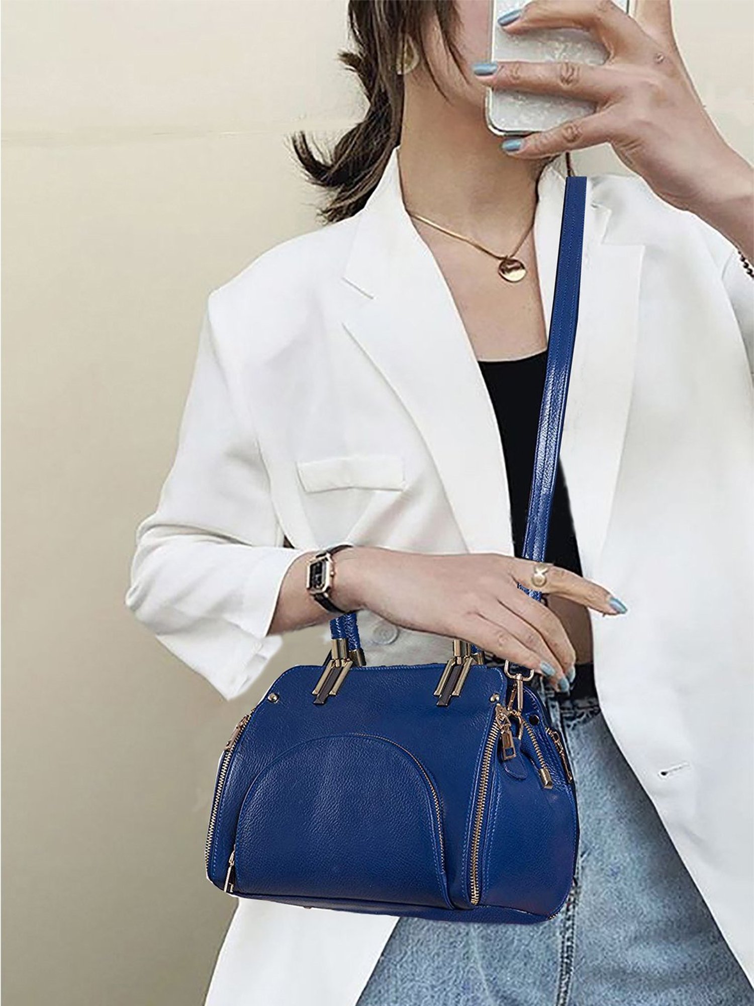 HiLEDER Blue Solid Medium Satchel Handbag