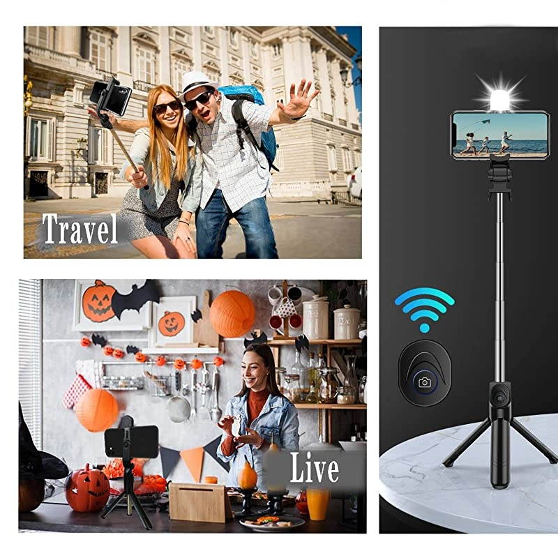Selfie Stick with Light 3 in 1 Lightweight Extendable Selfy Sticks Tripod with Detachable Wireless Remote ShutterCompatible with iPhone 11 Xs max XR X Pro 8 7 6s PlusGalaxy S10 9 8 and More