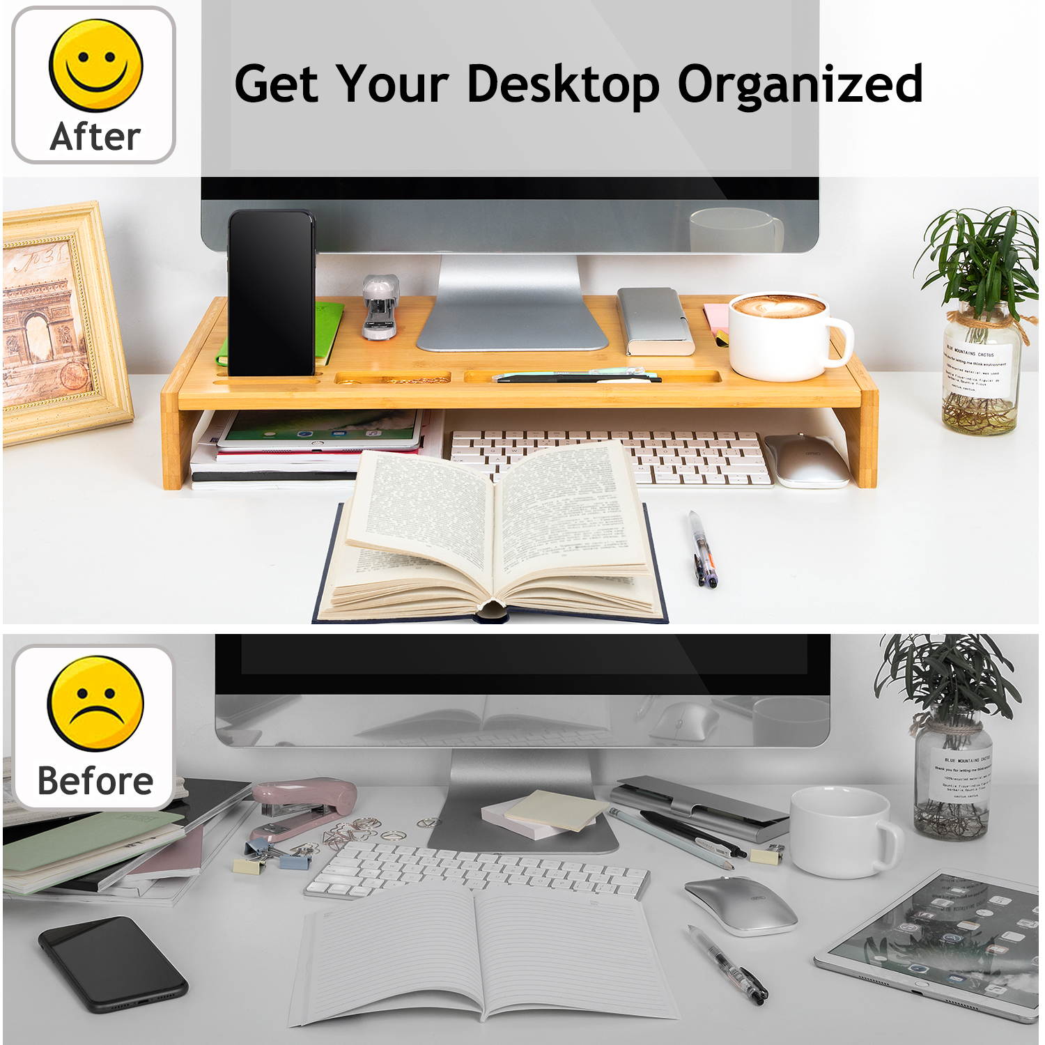 23 Inch Bamboo Monitor Stand Riser - Bamboo Desk Monitor Storage Organizer for Home and Office Computer Desk Laptop Printer TV Cellphone Stand Desktop Container by HUANUO