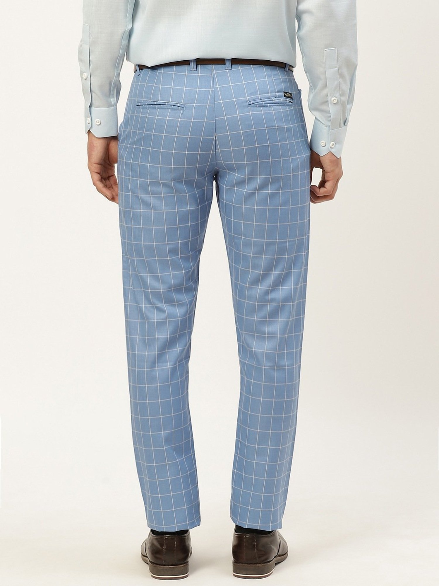 Sojanya Blue Cotton Regular Slim Fit Checks Flat Front Trousers