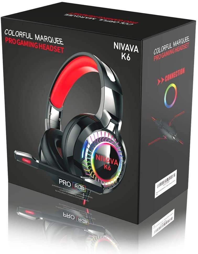 Nivava Gaming Headset for PS4, Xbox One, PC Headphones with Microphone LED Light Mic for Nintendo Switch PS5 Playstation Computer, K6