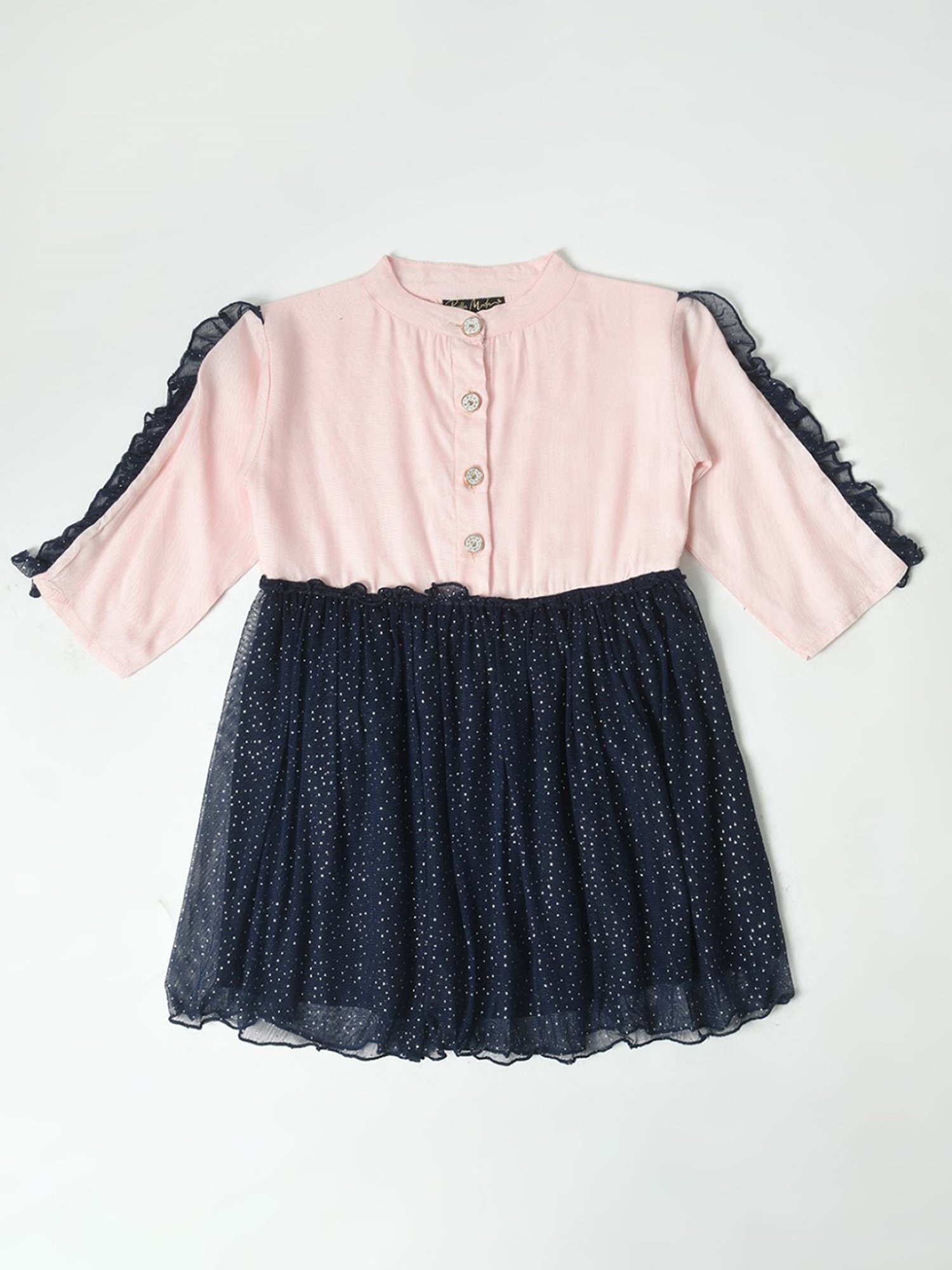 Bella Moda Kids Light Pink & Navy Embellished Full Sleeves Fit & Flare Dress