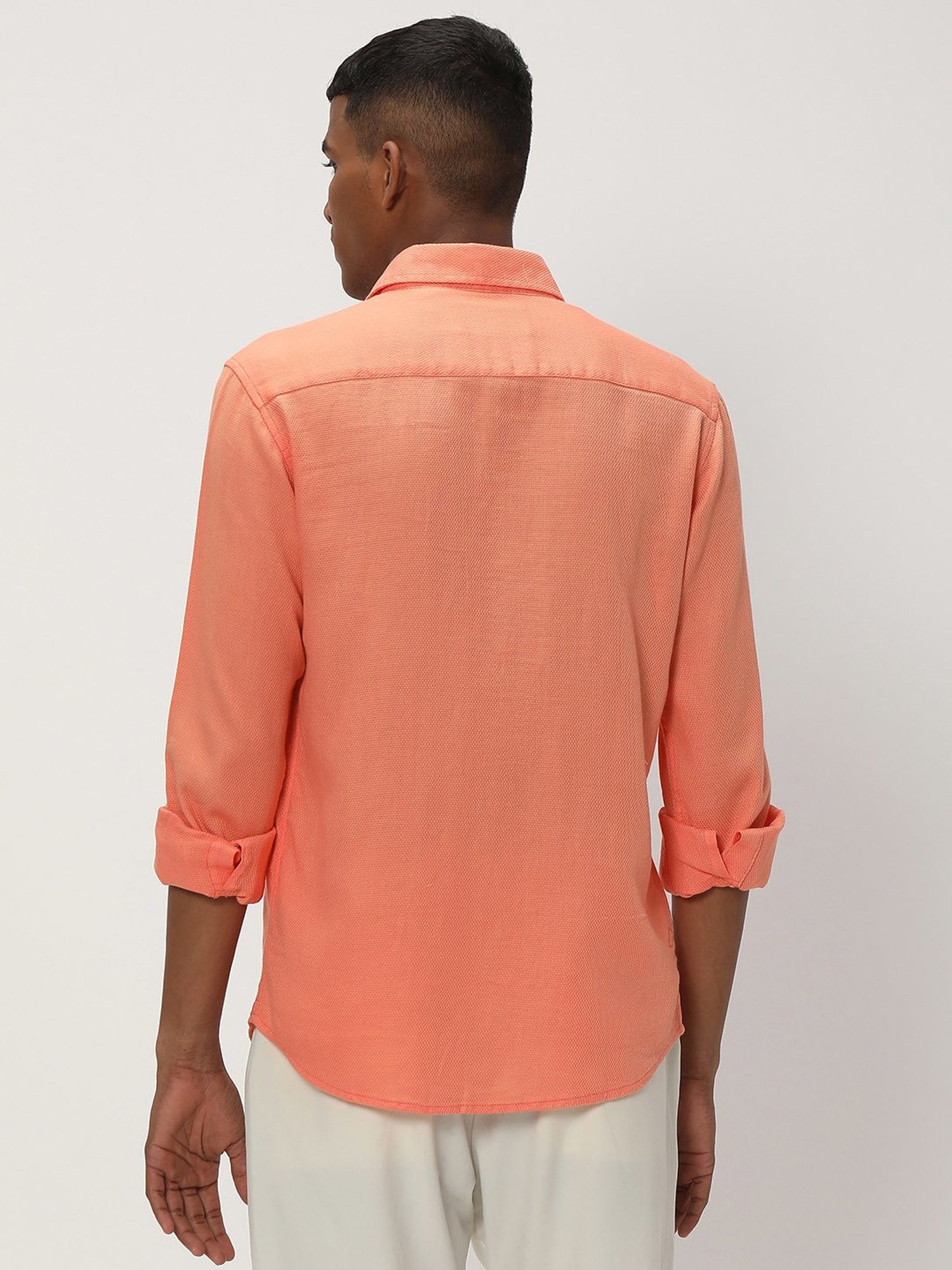 Mufti Orange Slim Fit Textured Cotton Linen Shirt