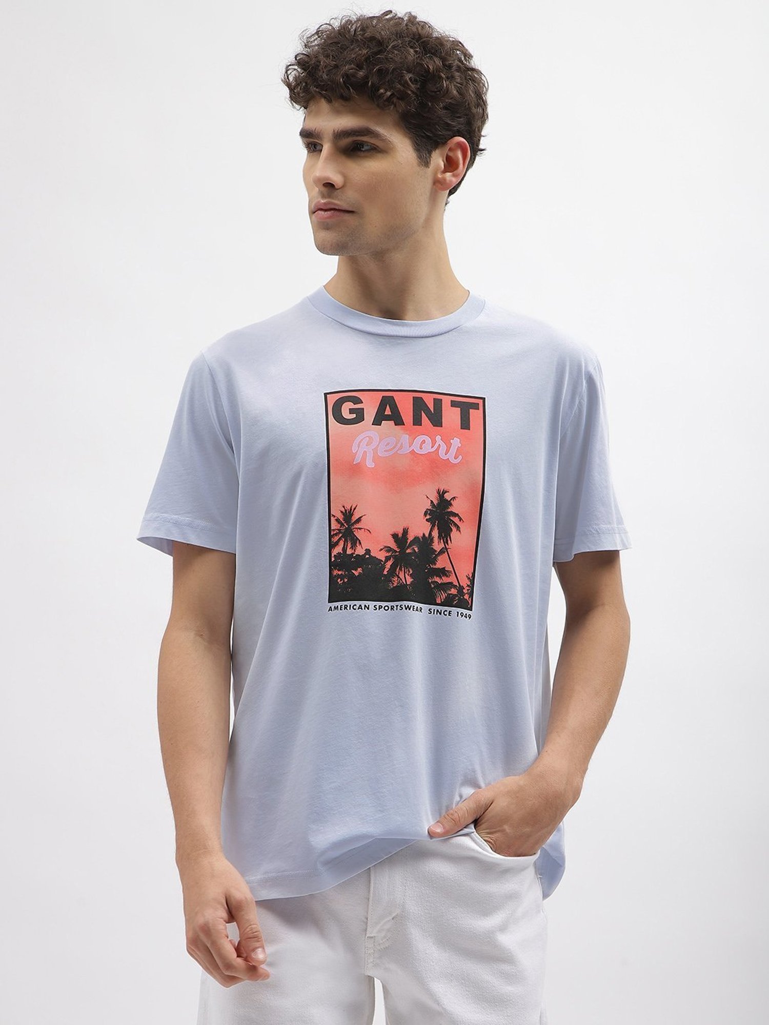 Gant Blue Cotton Relaxed Fit Printed T-Shirt