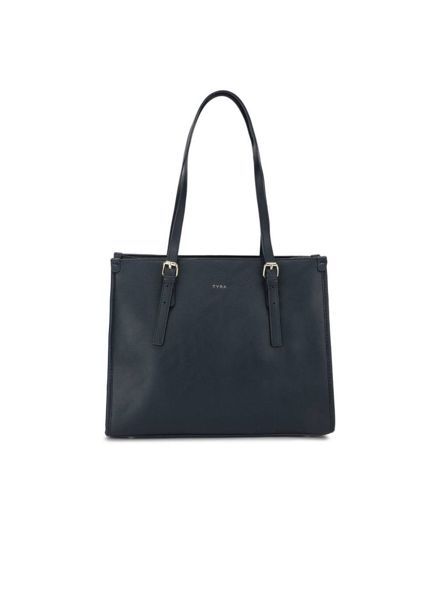 Tyra Hazel Navy Solid Faux Leather Tote Handbag
