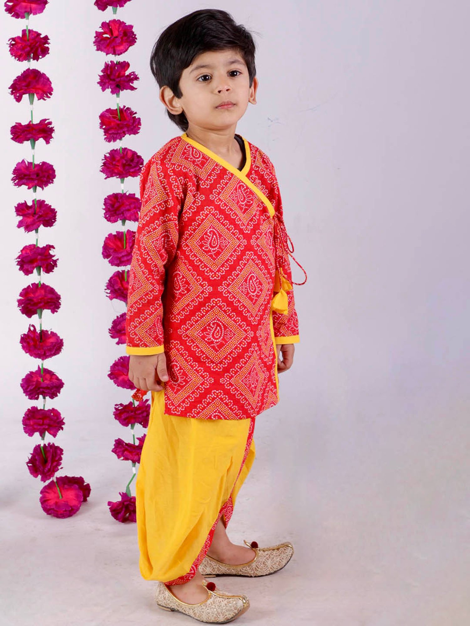 Little Bansi Kids Red & Yellow Printed Kurta with Dhotis