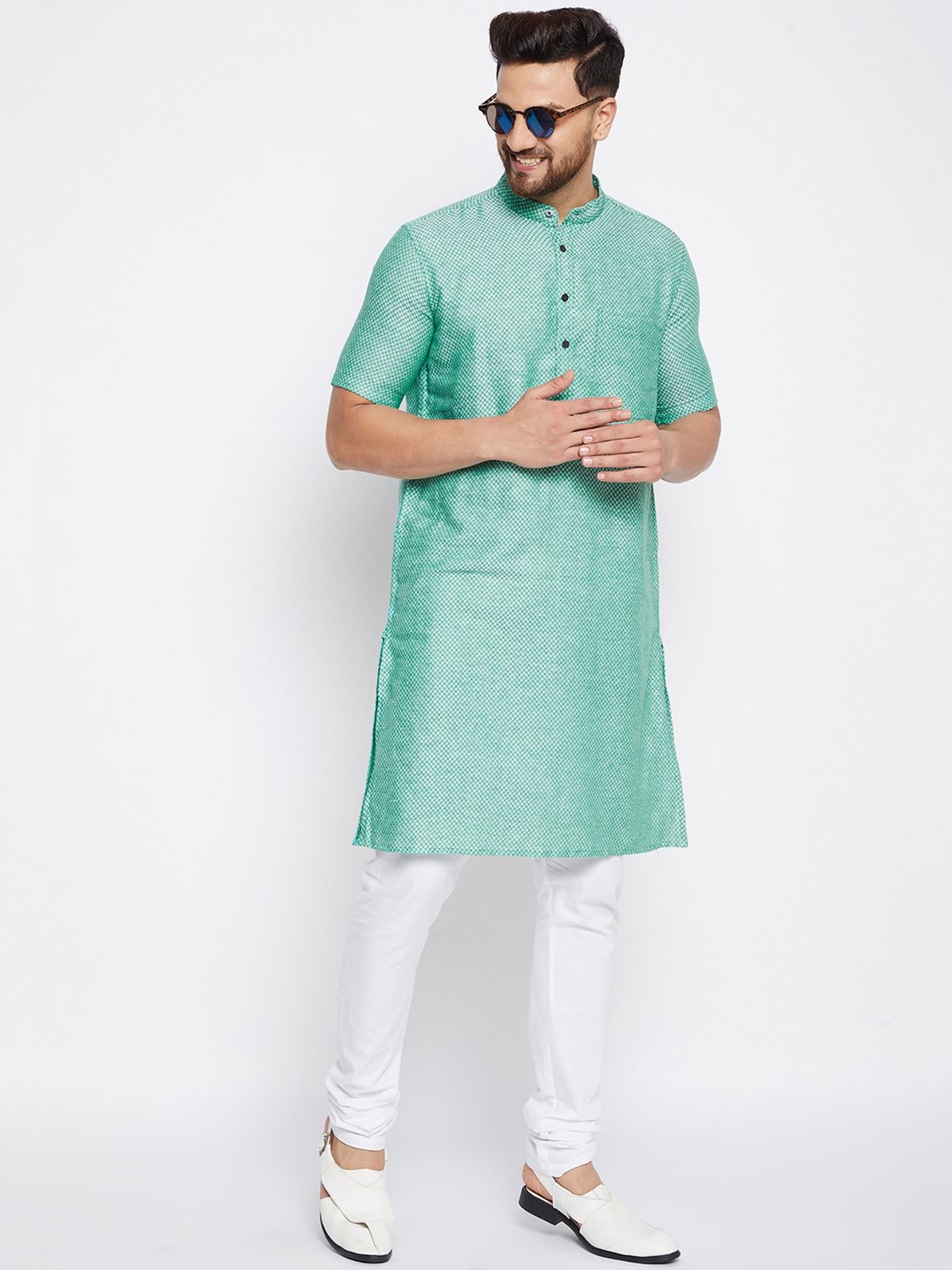 Even Green Self Design Mandarin Collar Kurta