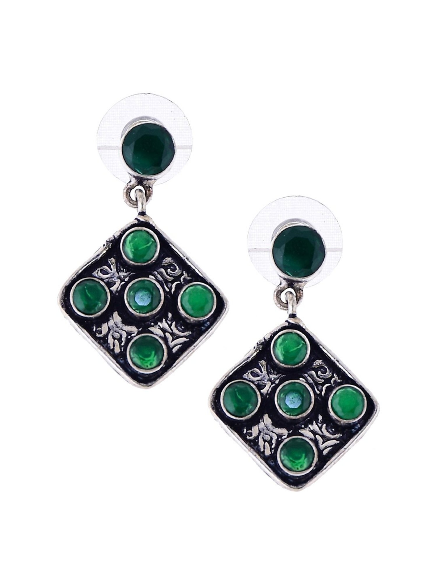 Imli Street Green Silver Tone Stone-Studded Handcrafted Dangler Earrings
