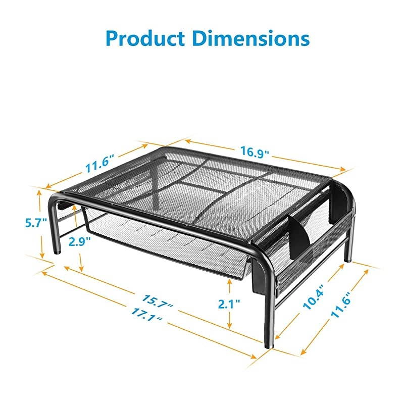 Metal Monitor Stand - Monitor and Printer Desk Riser with Pull Out Storage Drawer and Side Compartment Pockets - Holds up to 44lbs, Black - for Computers, Laptops, Printers (1 Pack)