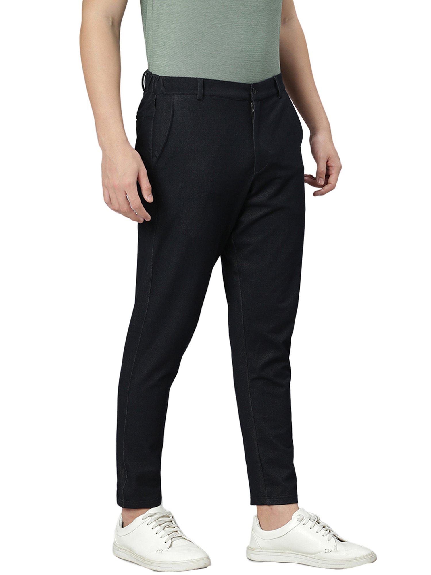 Slowave Black Regular Fit Denim Flat Front Trousers