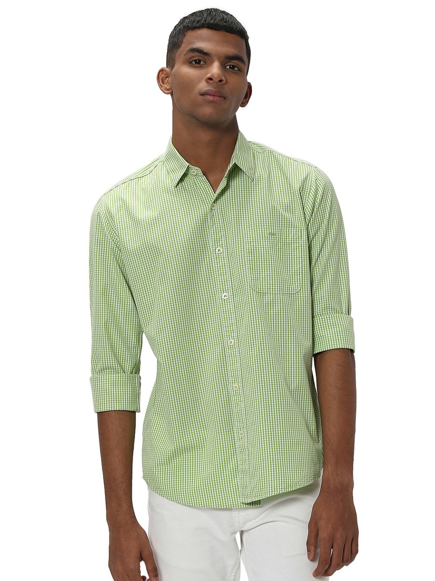 Mufti Green Slim Fit Check Cotton Shirt