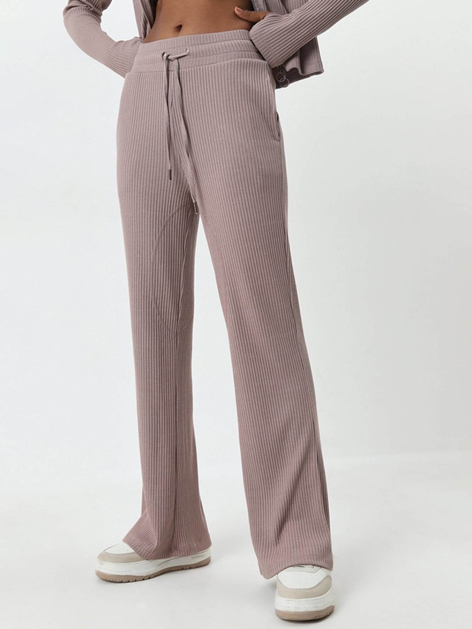 Studiofit by Westside Light Brown Ribbed Textured High-Rise Track Pants