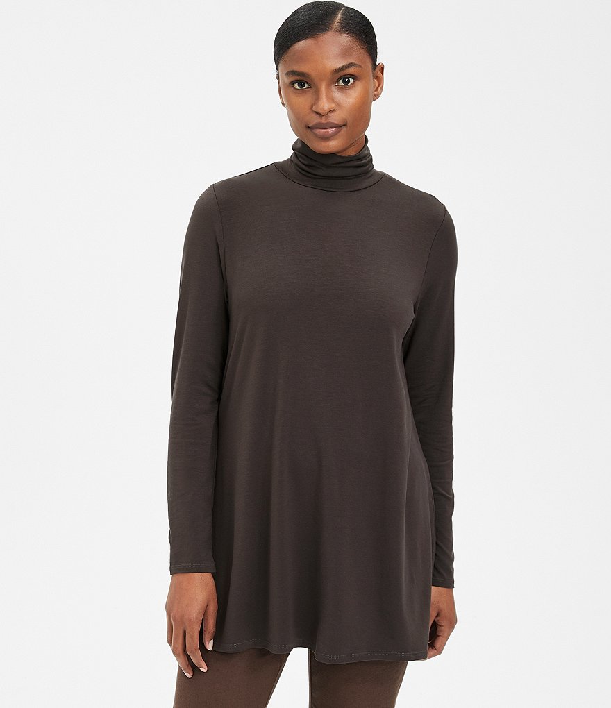 Eileen Fisher Fine Stretch Knit Jersey Scrunch Mock Neck Long Sleeve Tunic