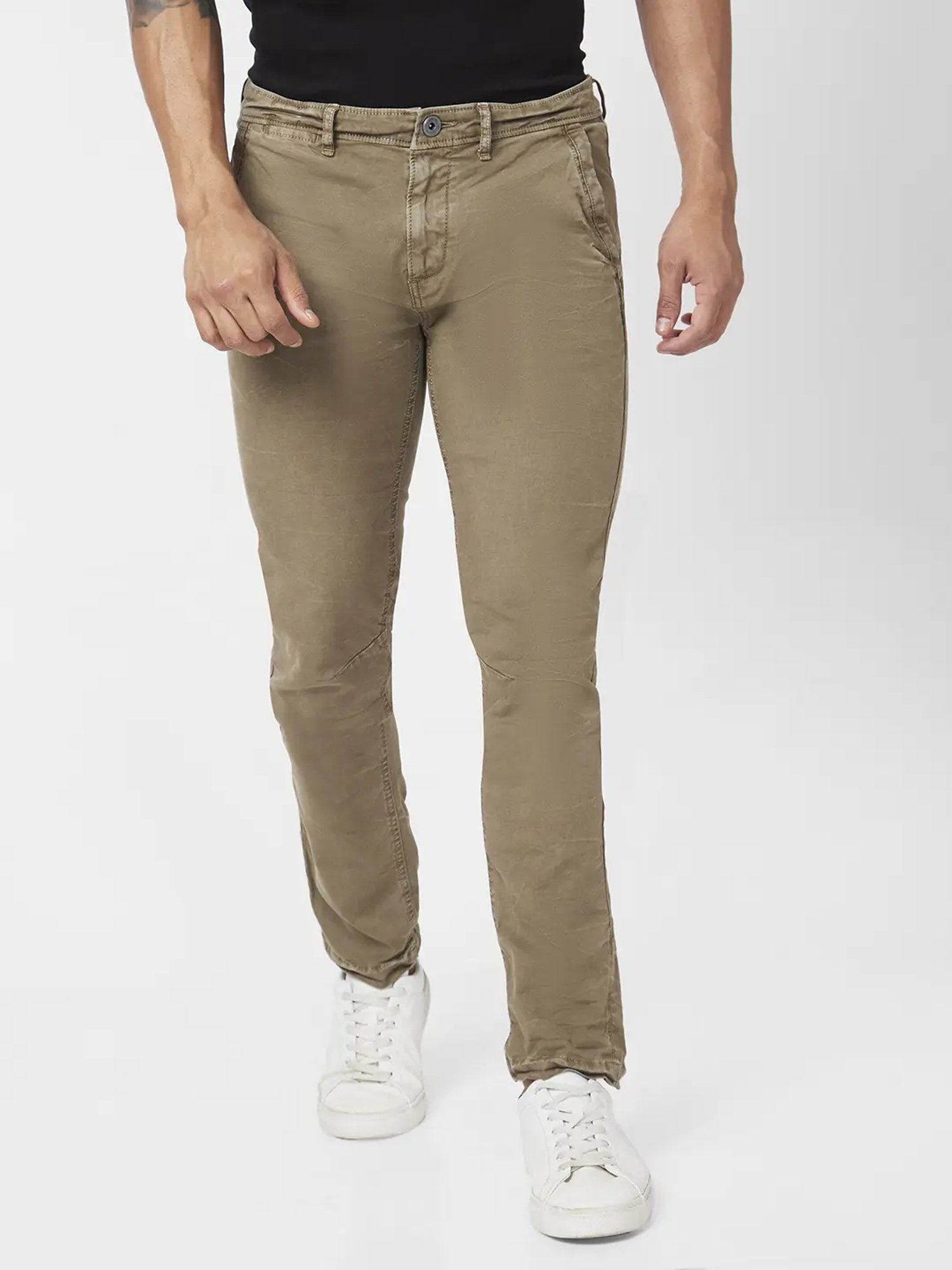 Spykar Moss Green Cotton Slim Fit Chinos