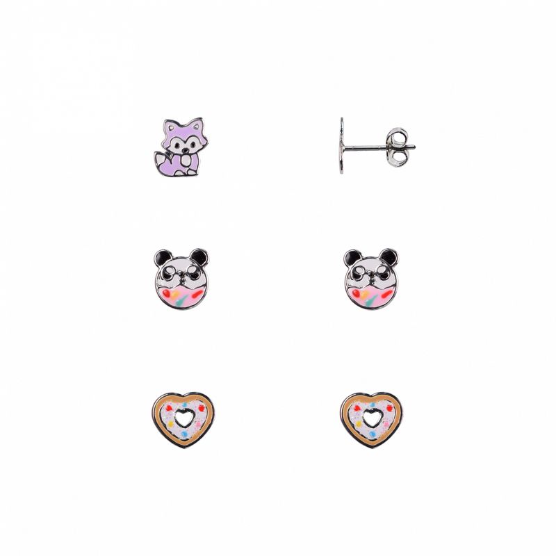FAO Schwarz Enamel Fox, Panda and Heart Donut Trio Earring Set