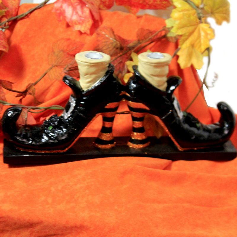 Halloween 6.5" Witches Shoe Candle Holder Black Curled Toes Glittered  -  Candle Holders