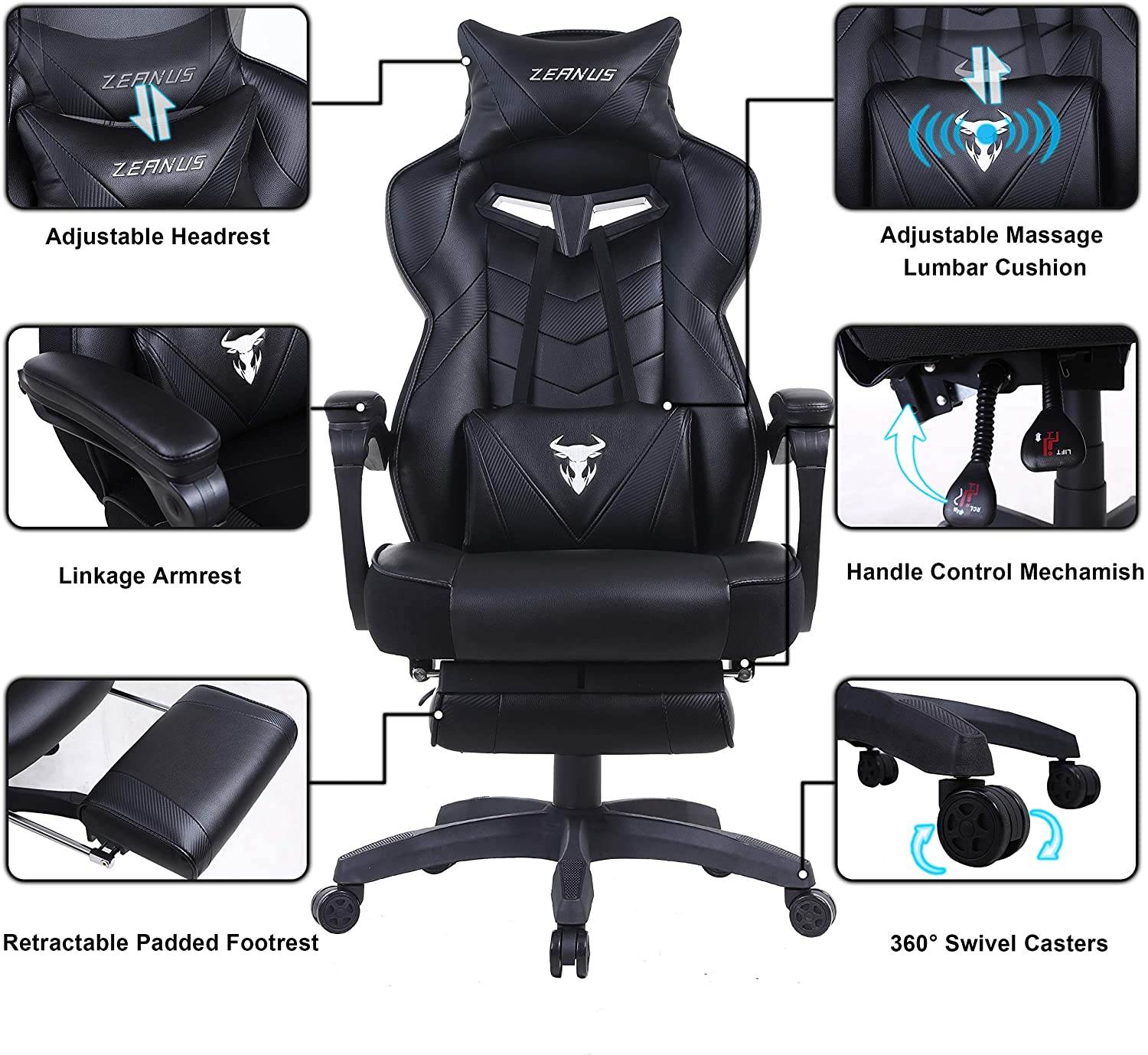 Zeanus Gaming Chair for Adults Green, Gaming Chair with Footrest, Massage Computer Gaming Chair, Reclining Gaming Desk Chair, Big and Tall Video Gaming Chair, Racing Style Chair, E-Sports Gamer Chair