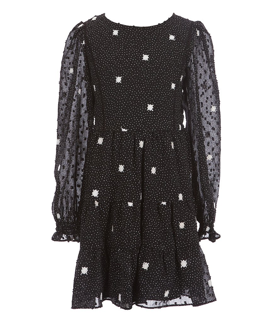 Poppies and Roses Big Girls 7-16 Long-Sleeve Dot Print Tiered Chiffon Dress