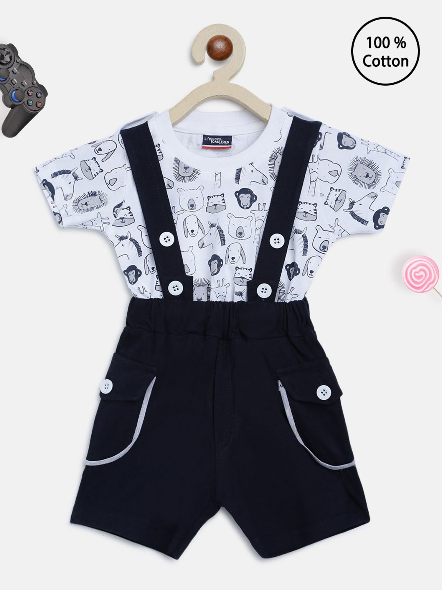 Li'l Tomatoes Kids White & Navy Printed T-Shirt with Dungaree