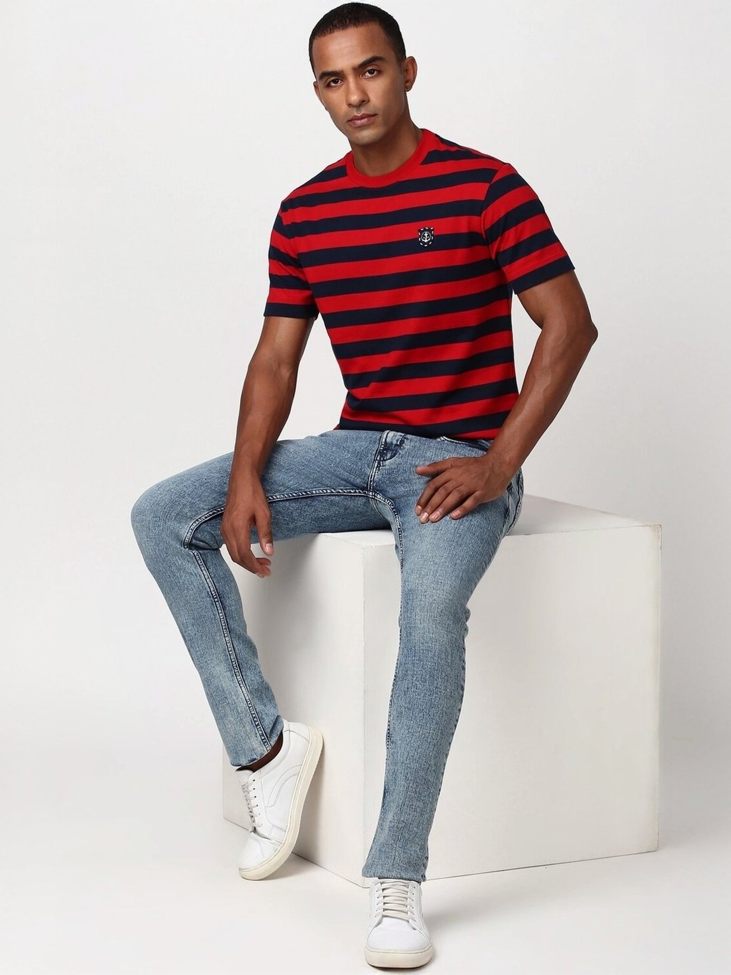 Peter England Red Cotton Regular Fit Striped T-Shirt