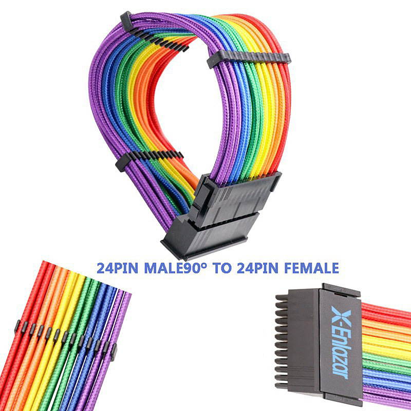 Rainbow 24Pin 0.98ft Extension 18AWG ATX Power Supply Cable Motherboard PCI Cable 90 Degree Interface Adapter Cable 18AWG 300mm Module Line Extension Cord
