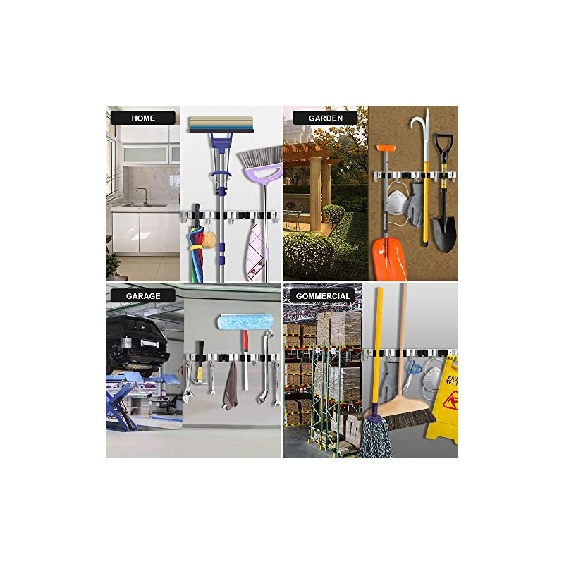Garage Storage Stainless Steel Mop Broom Holder Wall Mount Heavy Duty Tools Hanger with 4 Racks 5 Hooks for Kitchen Bathroom Closet Garage Office Garden