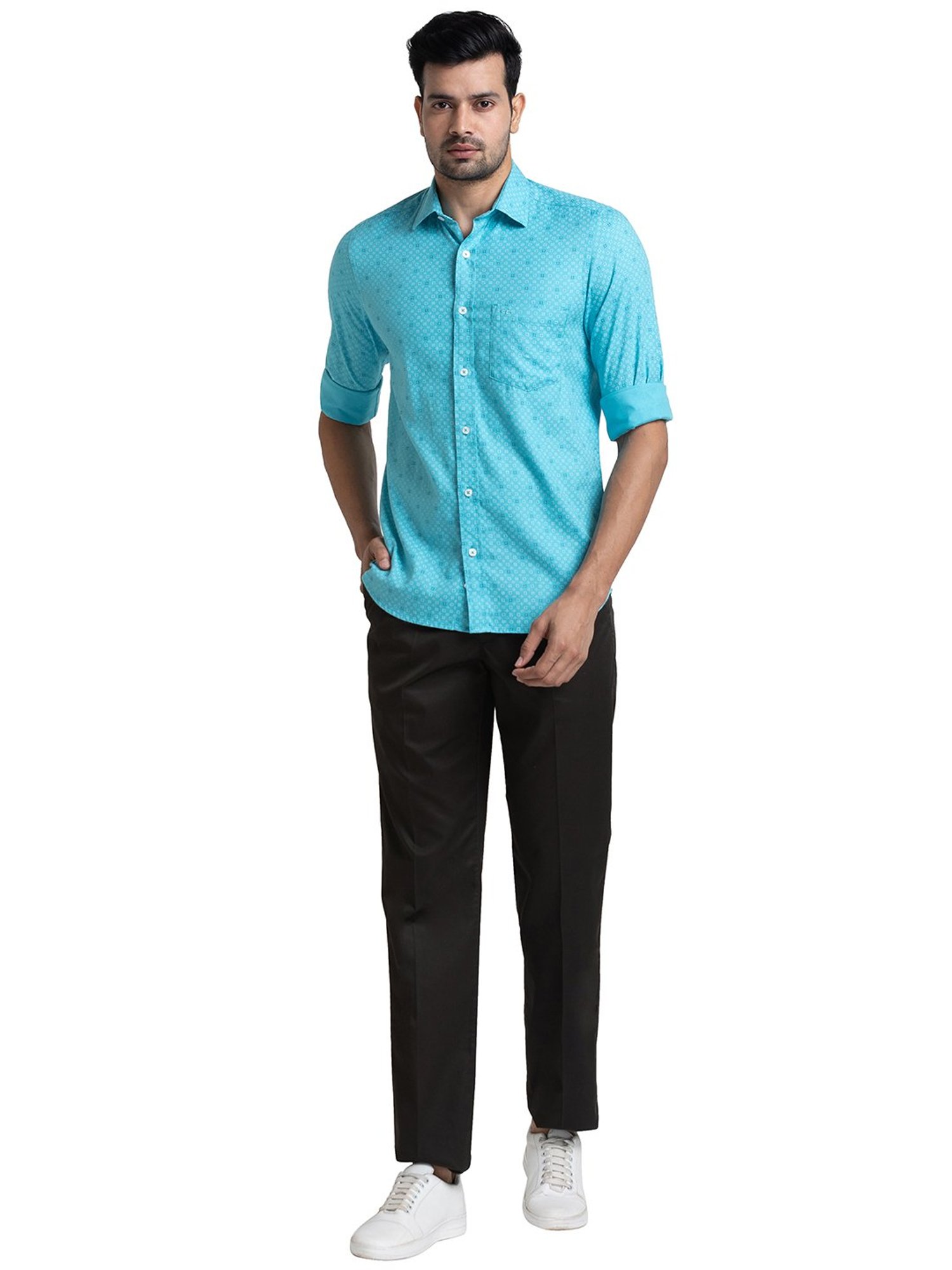 ColorPlus Light Blue Tailored Fit Printed Shirt
