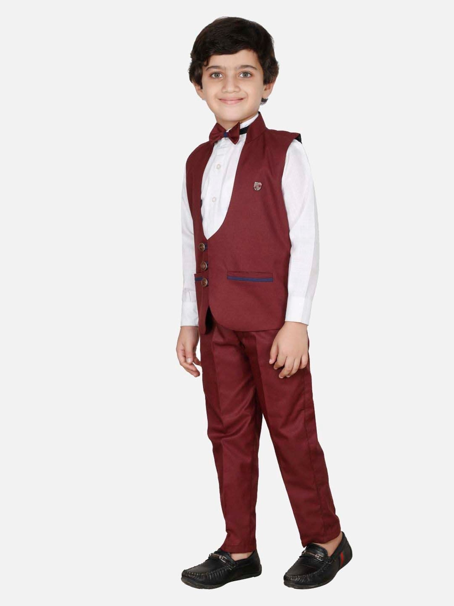 Fourfolds Boys Maroon & White Solid Full Sleeves Clothing Set