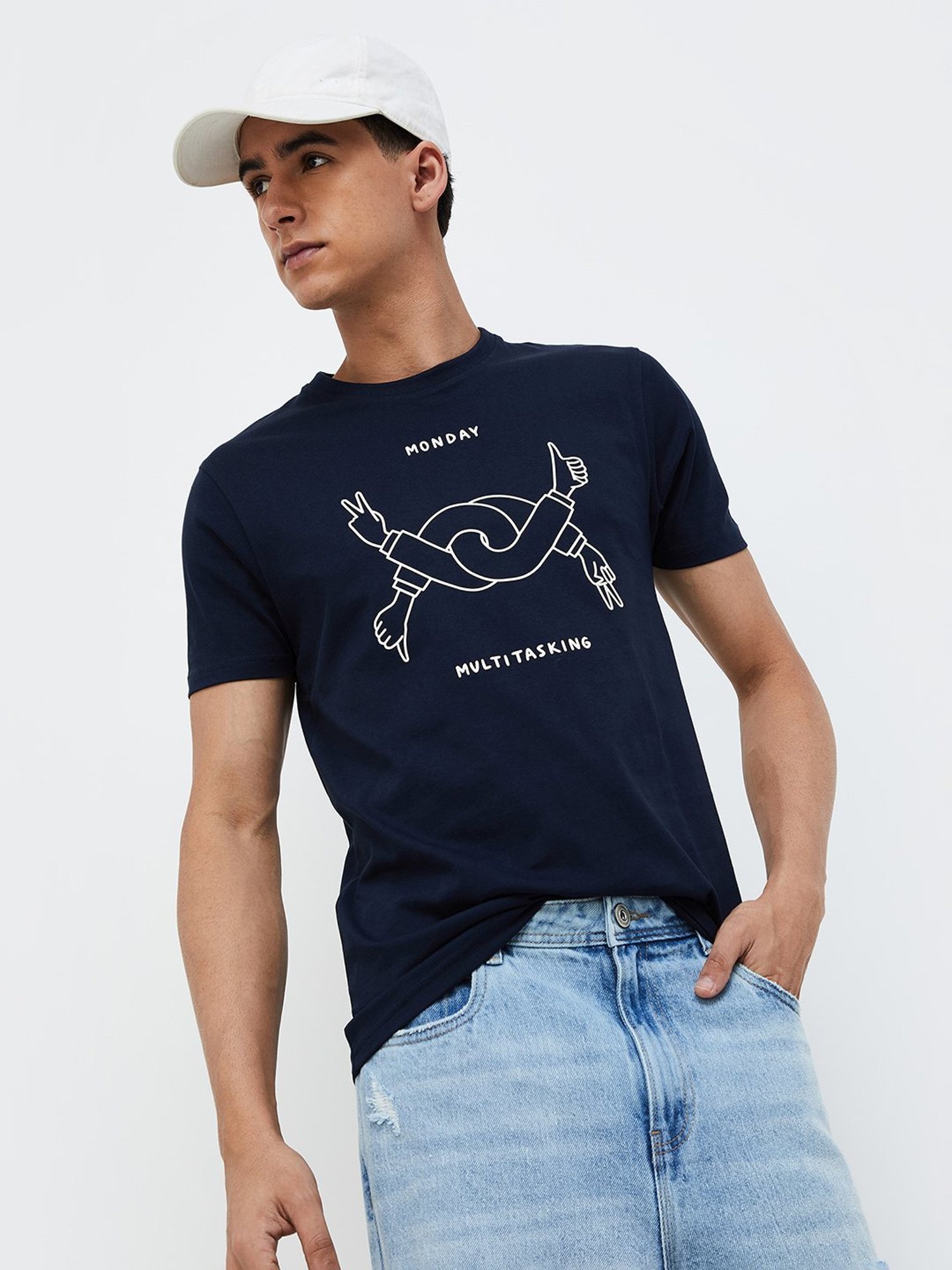 Forca Navy Cotton Regular Fit Printed T-Shirt